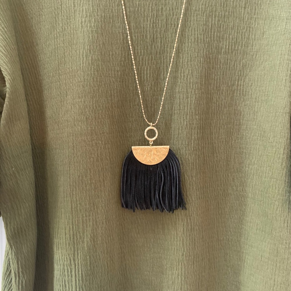 Gold necklace Black suede fringe pendant